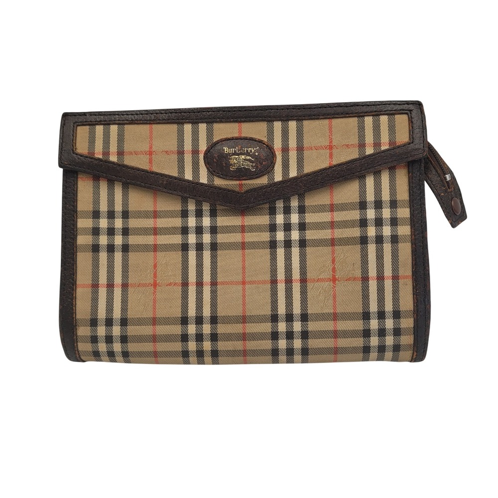 Burberry Vintage Haymarket Check Clutch Bag Brown Leather Trim Zip Pouch